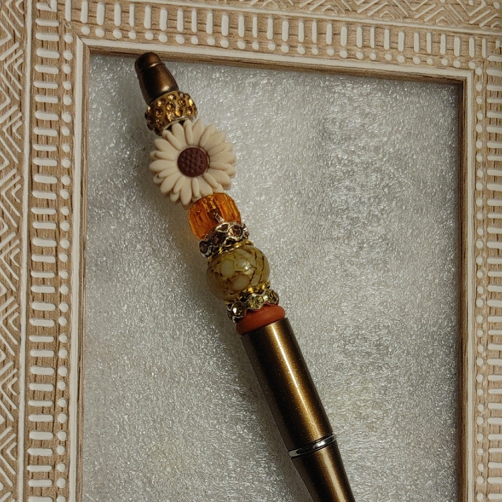 Chic Floral Gold and Orange Beaded Pen